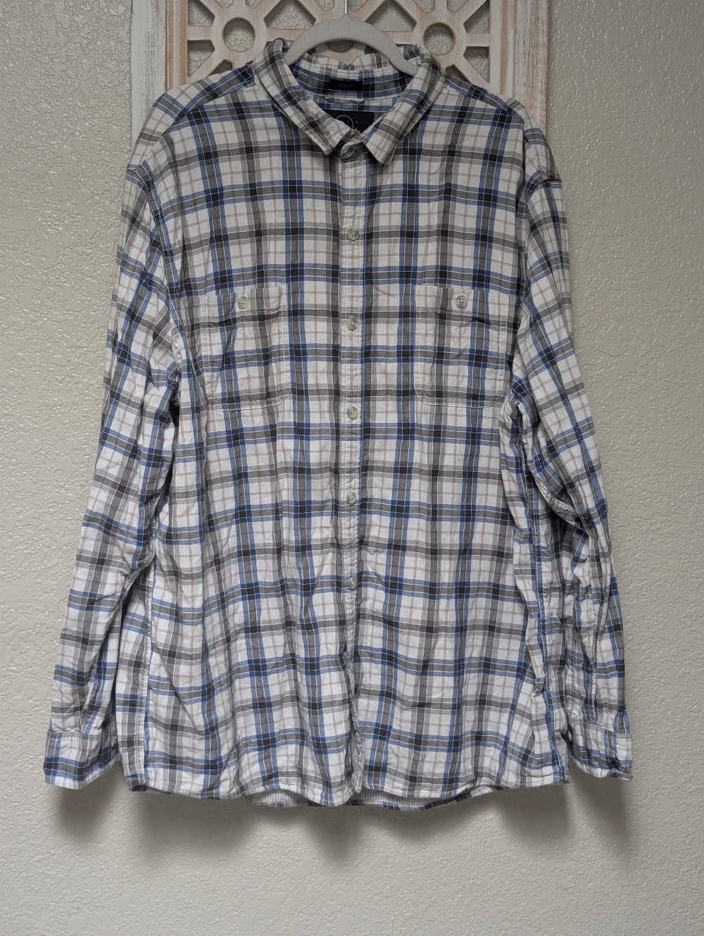 Even Tide men's XXL blue grey plaid shirt double lined button up casual outdoors